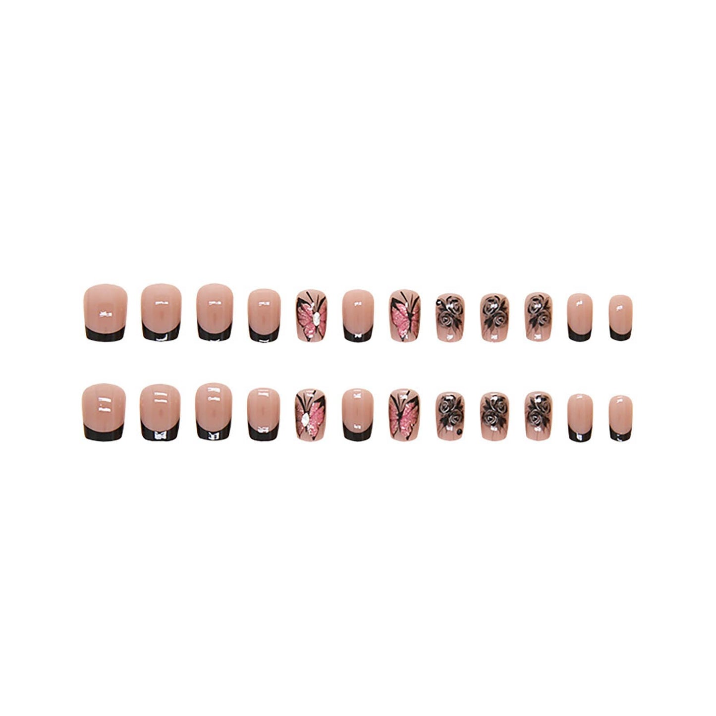 RTKHFZE Short Press on Nails Square Black Butterfly Fake Nails with Design Exquisite Stick on Nails Full Cover Acrylic Glossy Glue on Nails Artificial Nails for Women Manicure Decorations 24Pcs