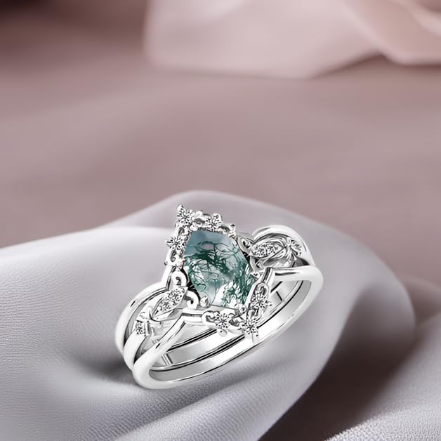 LELOUCHY Natural Moss Agate 925 Sterling Silver Rings Set Leaf Art Deco Hexagon Moss Agate Engagement Wedding Promise Rings Set Vintage Unique Bridal Jewelry Set for Women-9