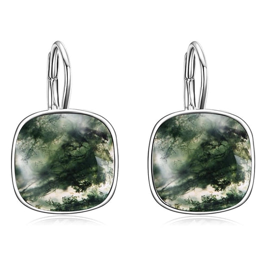 AOBOCO Sterling Silver Leverback Earrings Embellished with Crystals from Austria, Hypoallergenic Cushion Cut Square Crystal Earrings, Fine Anniversary Birthday Jewelry Gifts for Women (Moss Agate)