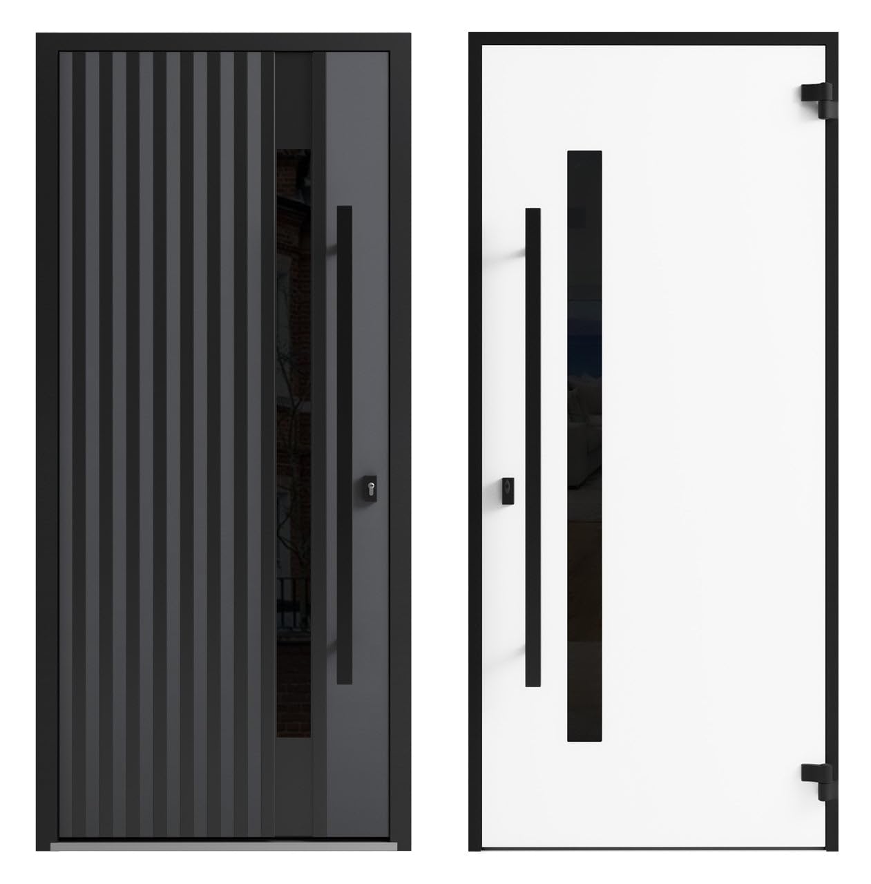 VDOMDOORS Front Exterior Prehung Steel Door/Ronex 0144 Grey / 2 Side Exterior Windows Sidelites/Entry Metal Modern Painted W16+36+16" x H80 Right Hand Inswing