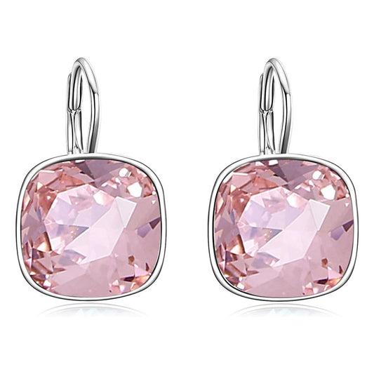 AOBOCO Sterling Silver Leverback Earrings Embellished with Crystals from Austria, Hypoallergenic Cushion Cut Square Crystal Earrings, Fine Anniversary Birthday Jewelry Gifts for Women (Pink)