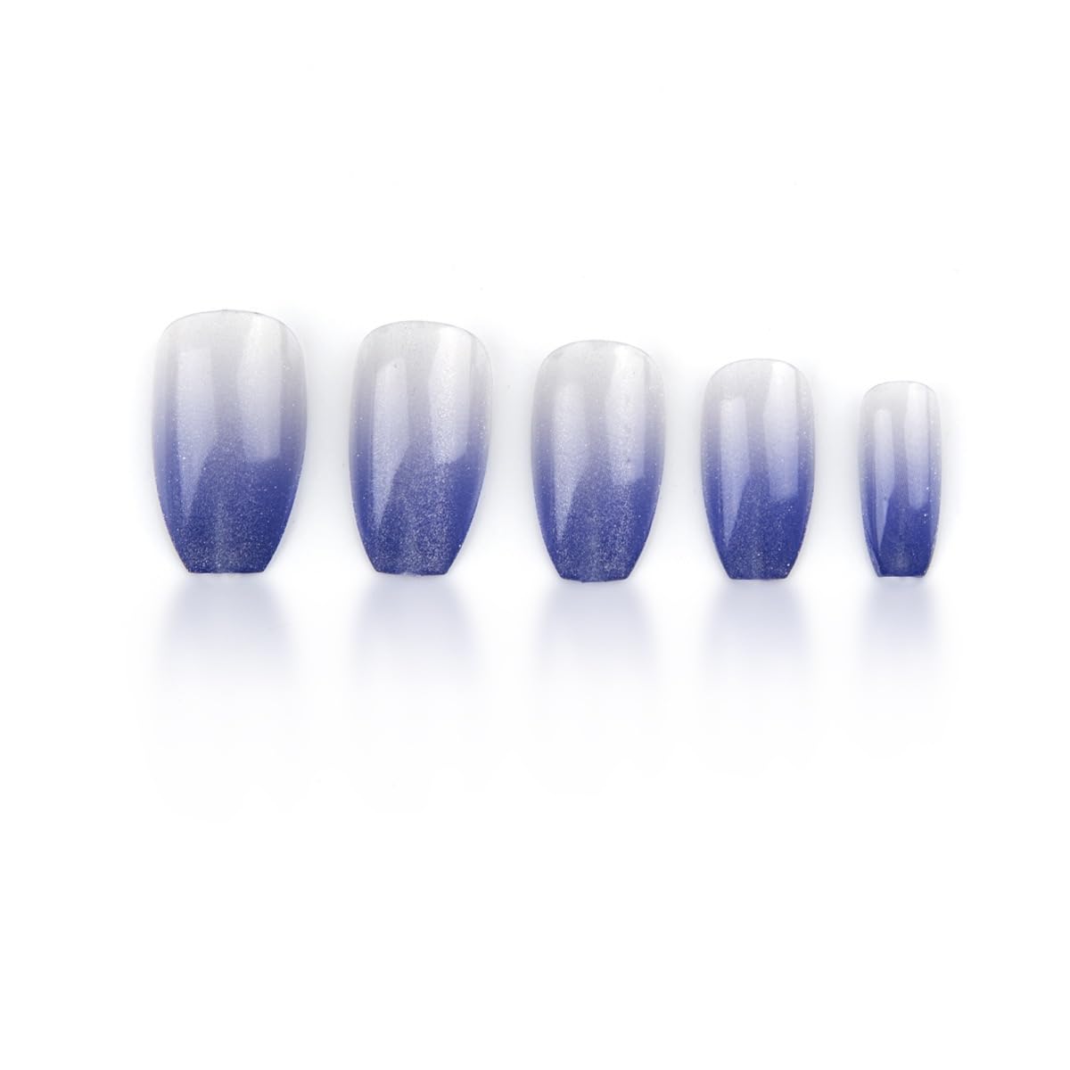 Coffin Press on Nails Medium - Blue Fake Nails with Ombre Glitter Deisgn - Gloosy Full Cover Stick on False Nails - for Women 24 Pcs