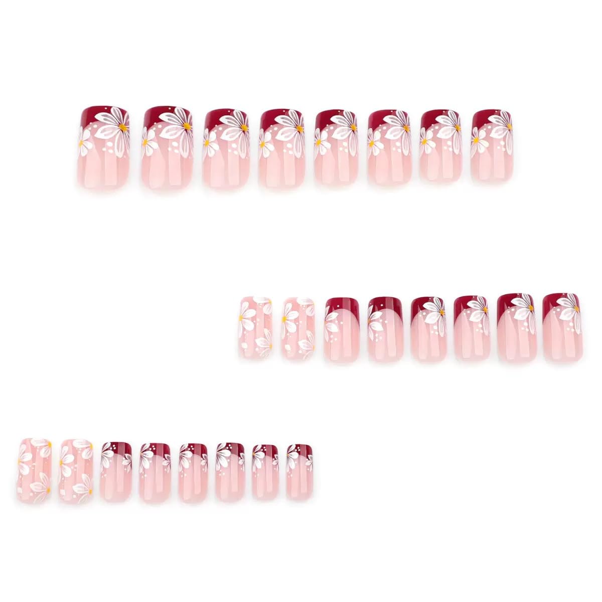 CTTHNBD Press on Nails Square - Short Fake Nails with Flower Design - Red French Tip, Spring False Nails Stick on - for Women 24 Pcs