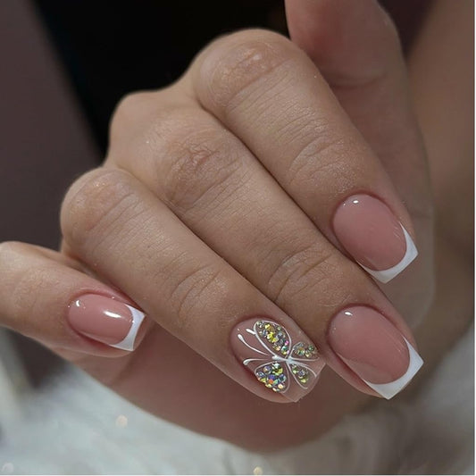 White French Tip Press on Nails - Short Square Fake Nails with Butterfly Design - Rhiestone Full Cover Stick on False Nails - for Women 24 Pcs