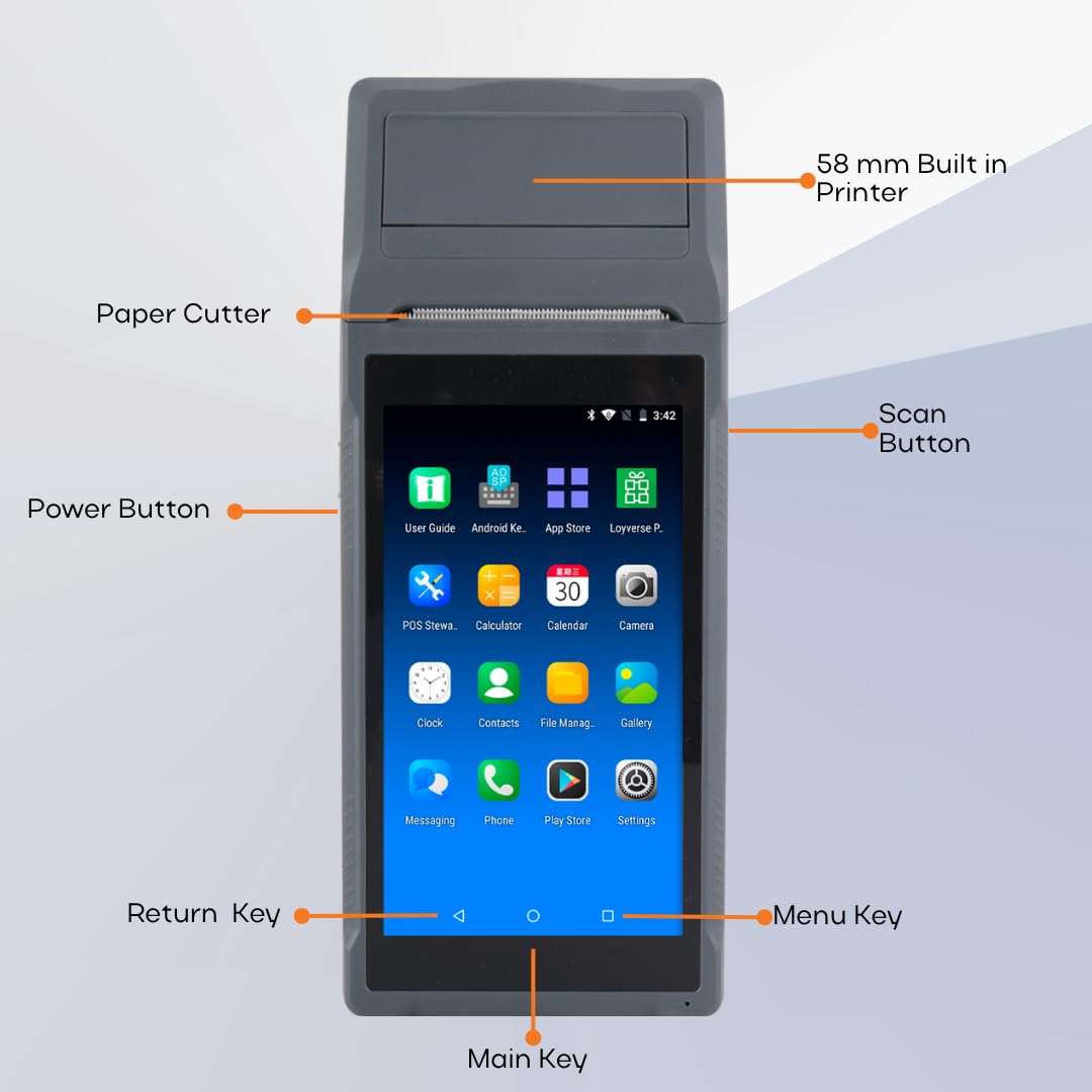 POS PDA Q2i Receipt Printer 58mm High Speed Thermal Printer with Android 11, 5.5’’ Touch Screen. Handheld Mobil Point of Sale Tablet. Scan1D barcodes. Support 3G. 2 GB RAM + 16 GM ROM