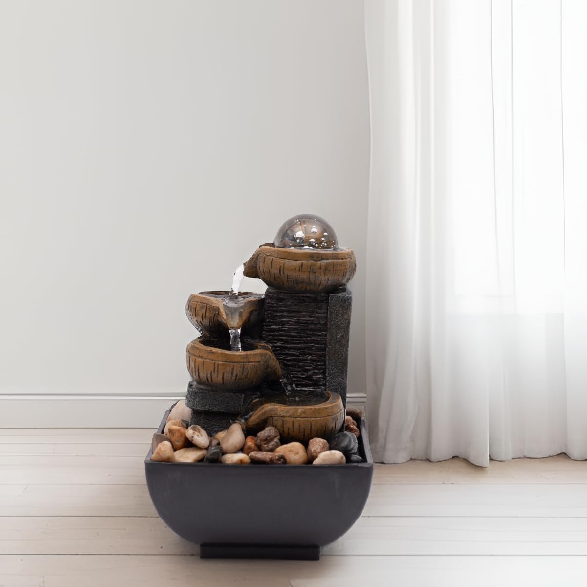 Tabletop Fountain Indoor Mini Waterfall 4-Tier Relaxation with Colored Lights and Rotating Bubble Ball
