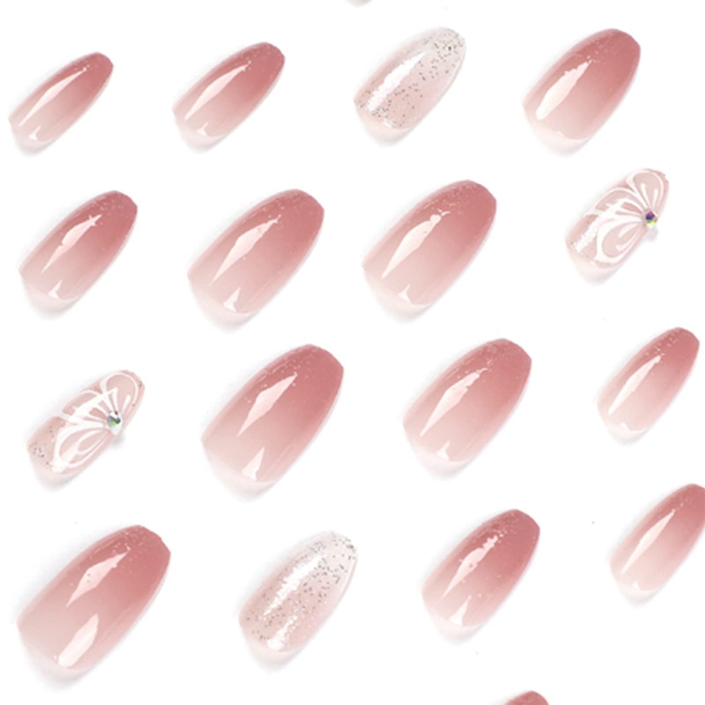 Pink Fake Nails Short Press on Nails Coffin False Nails with White Floral Designs Pink Full Cover Stick on Acrylic Nails Glitter Glossy Glue on Nails for Women