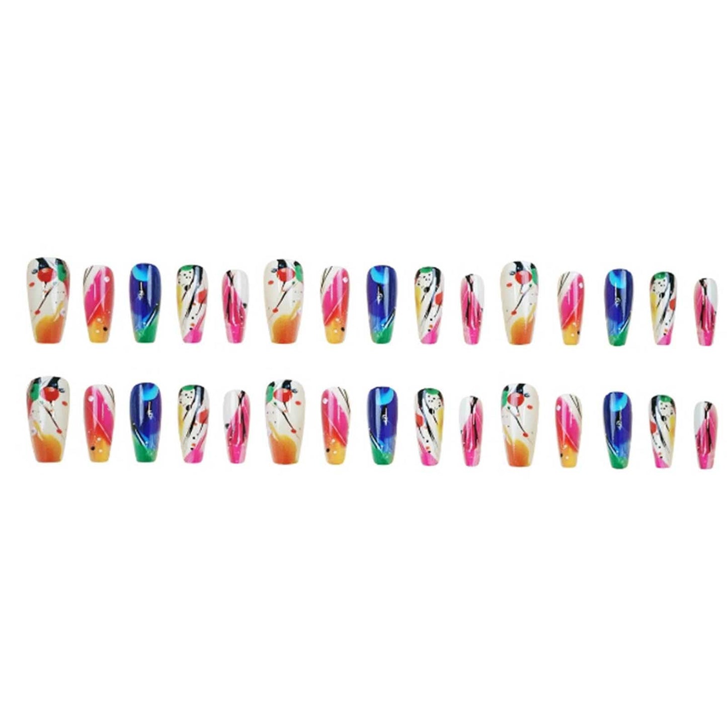 Gifiky Long Coffin False Nails Colorful Graffiti Press on Nails Cute Gradient Nails Tips Acrylic Full Cover Fake Nails for Women and Girls 24Pcs