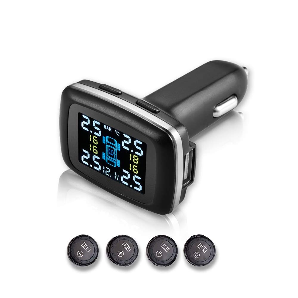 slrongpowlr Real-time TPMS Trailer Tire Pressure Monitoring System, Wireless TPMS Sensors Set of 4 External Tire Pressure Sensors with Alarm Modes for RV SUV MPV Truck Sedan (0-87 PSI)