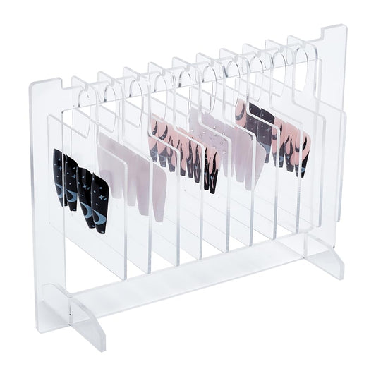 DELORIGIN Acrylic Nail Art Display Boards Clear Nails Tips Charm Sample Display Stand with 10pcs Hangers Nail Art Display Rack False Nail Organizer for Salon Nails Art Design Practice Manicure Tool
