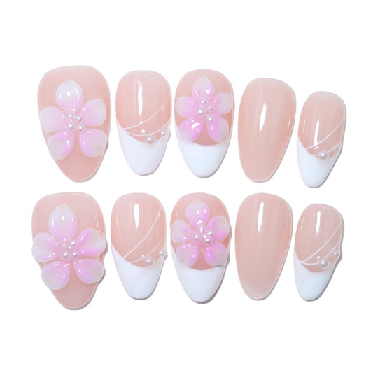 10Pcs Short Almond Handmade Press On Nails | Easy Apply & Remove, Reusable Salon Quality Nails | Elegant Nude Pink Fake Nails with 3D Floral & Pearl Accents (RR11, XS)