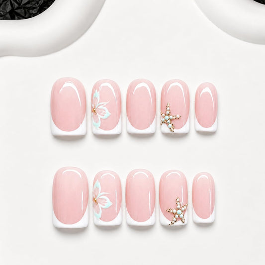Summer Press on Nails Muti-Layer Gel Thick Handmade Press on Nails Short Square White French Tip Acrylic Nails Beach Starfish Fake Nail Designs Full Cover Ocean False Nail for Women (M)