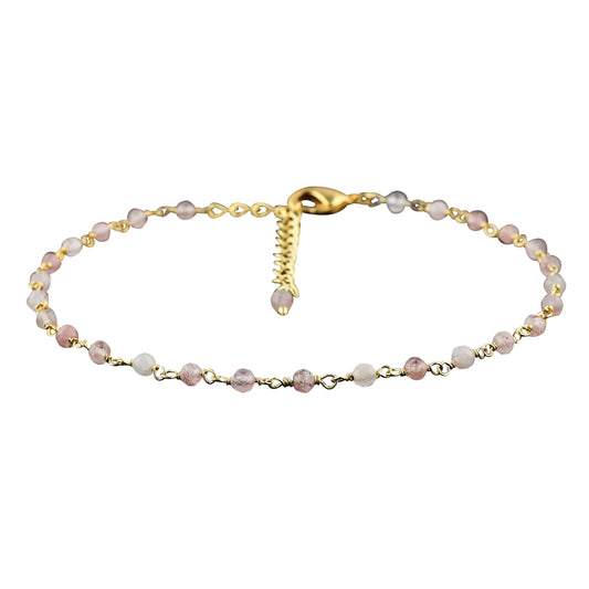 JOR Natural Strawberry Quartz Beaded Rosary Anklet, Handmade Craft, Anklet Beads Bracelet, Chakra Healing Anklet, Gemstone Women Jewelry, Dainty Gold Plated Anklet 9 inch + 2 inch (1pcs)