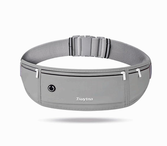 TSUYTNA Running Belt for Women & Men - Slim Phone running belt with Water-Resistant Phone Holder, 3 pockets Adjustable Waist Strap, Reflective Safety Design for Running, Hiking, Travel，Fitness (Grey)