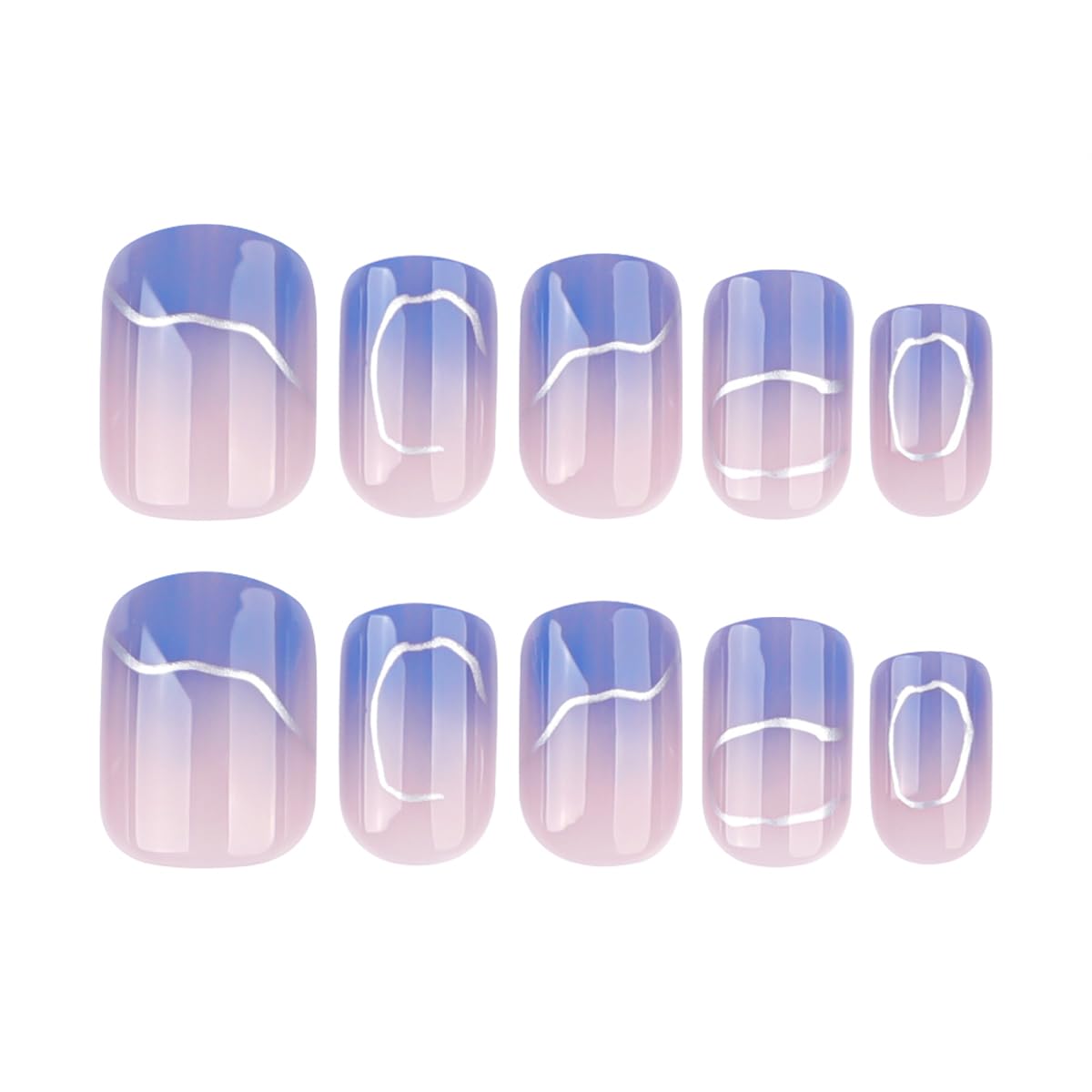 Mivota Short Square Press On Nails blue Nude Gradient False Nails with Silver Streaks Acrylic Press in Nail Gel Stick On Nails Set Glue on Nails for Women & Girls 24Pcs