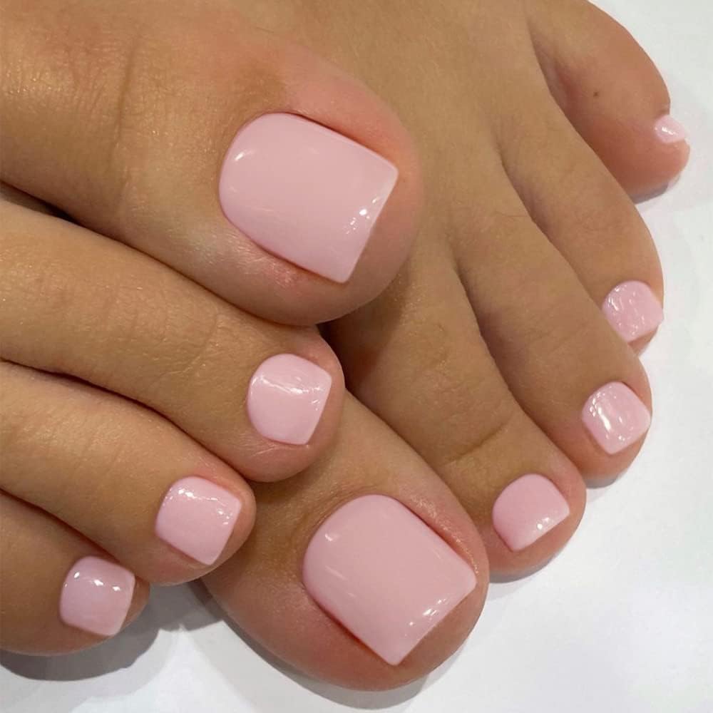 KXAMELIE Baby Pink Press on Toes Short Square &Hot Pink Swirls Press on Nails Short Square For Beach Party Daily Decoration in 48 PCS