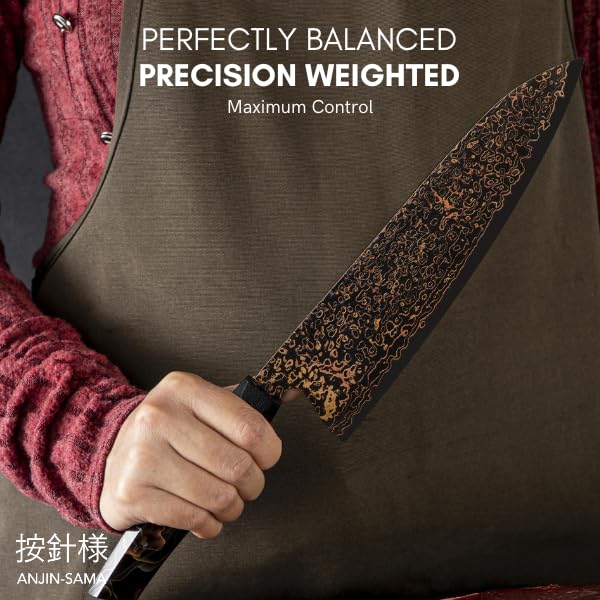 ANJIN-SAMA 8" Gyuto – Handmade Japanese CuMai Copper Damascus Chef Knife – Ultra Sharp Kitchen Chopping Knife.