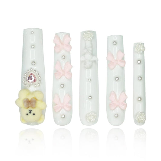 GGddsha 2025 White Long Nails with Cute Bear Rose Bow Design, Reusable PMMA Acrylic Handmade Nails Full Deluxe 3D Fake Nails with Pearls w/Box Ladies Gift (White, Medium)