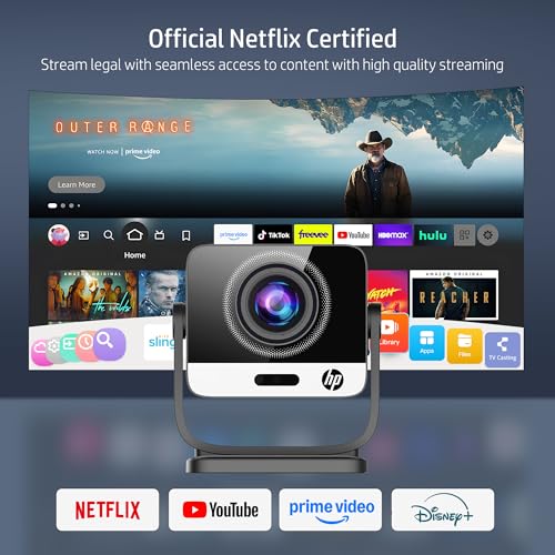 HP MC475 Official Licensed App Native 1080P Full HD Smart Mini Projector with WiFi & Bluetooth, Portable Projector for Outdoor & Bedroom, Short Throw, Auto Focus, Built-in Speaker, USB-C