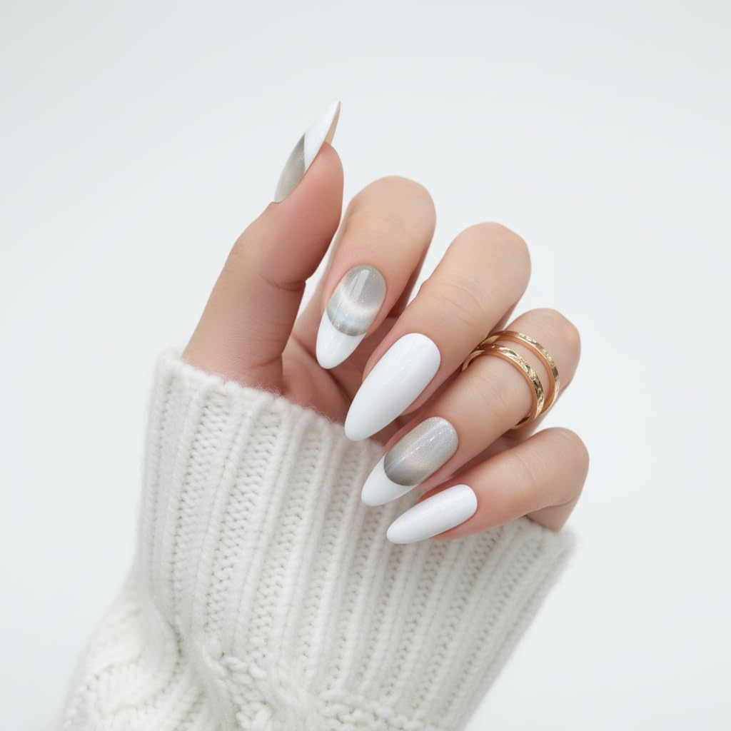 Handmade Press On Nails Almond Tip Color White Reusable Stick On Fake Nails Luxury Elegant Sexy Style For Women Gift With Nail Glue M