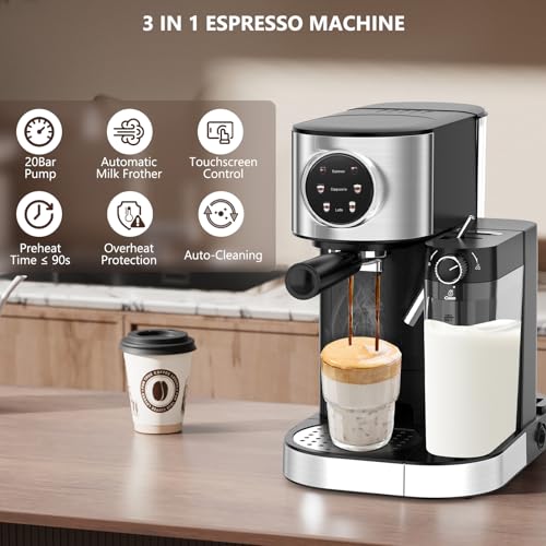 COWSAR Espresso Machine 20 Bar, Commercial Cappuccino & Latte Machine with Automatic Milk Frother, for Ground Coffee & Capsules, Dual Boiler, 57oz Water Tank, Expresso Machines for Home, Touchscreen