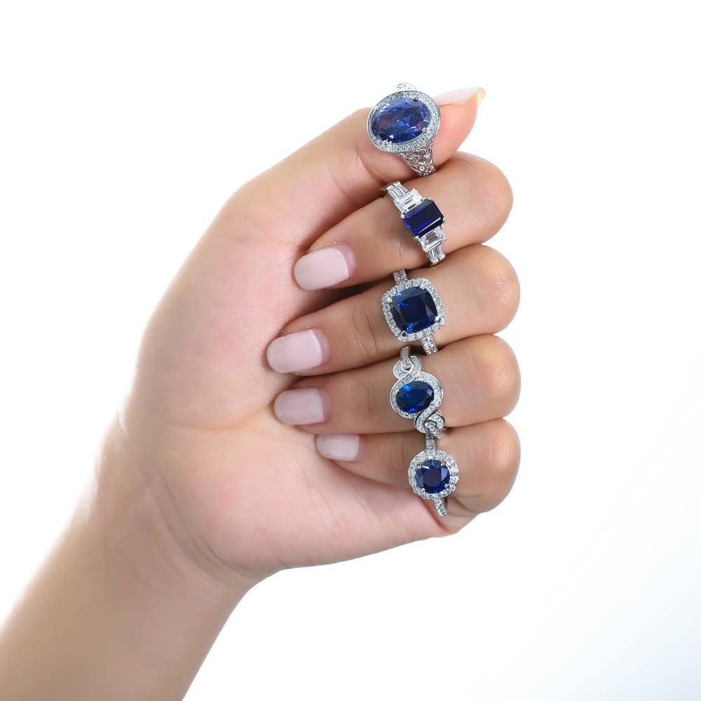 BERRICLE Sterling Silver Halo Simulated Blue Sapphire Cushion Cut Cubic Zirconia CZ Statement Cocktail Fashion Ring for Women, Rhodium Plated