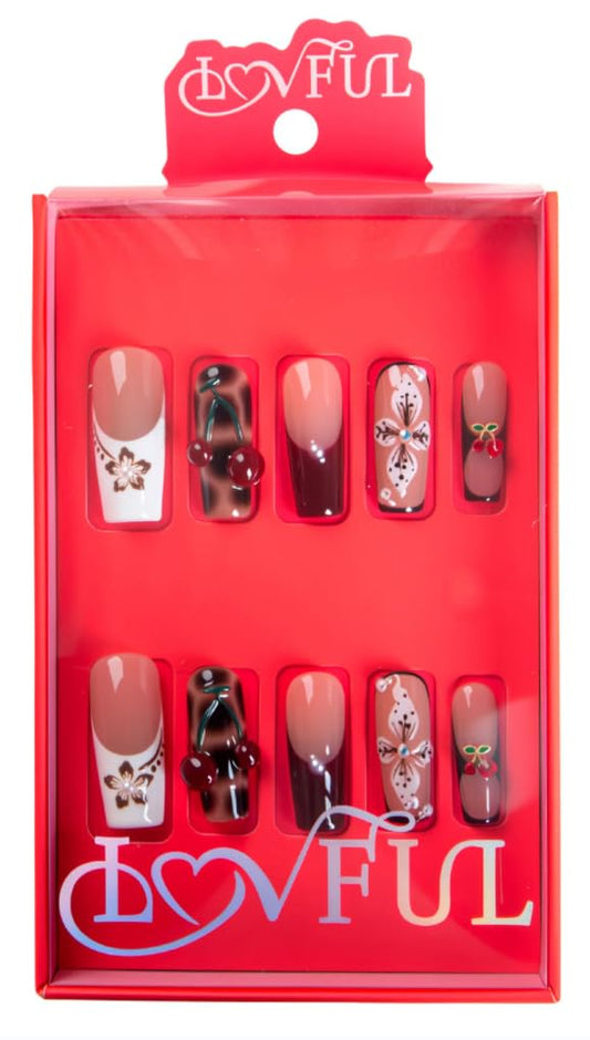 LOVFUL Reusable Press on Nails | Salon Quality Sustainable Style Handmade with Full Covered Crystals | Square Classic Regular 1.3 in | (Cherry Glaze, S)