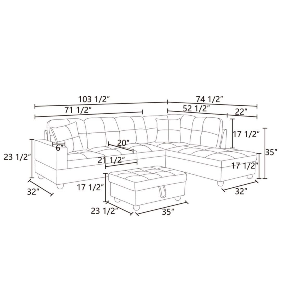 UOCFYK L-Shaped 3-Piece Flannel Sofa with Storage Ottoman Set, Sectional Couch Sofa Set for Living Room, Office, Small Space, Blue
