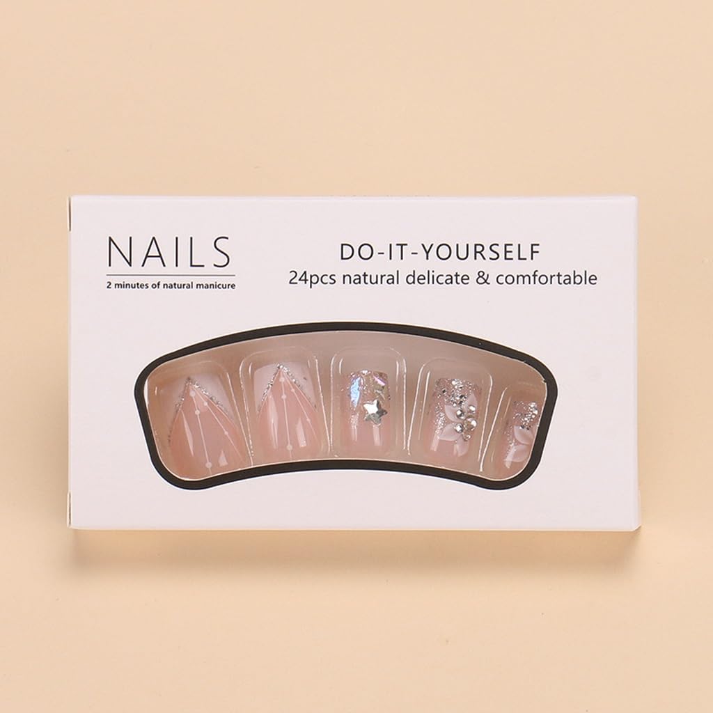 CTTHNBD Square Press on Nails Short - White French Tip Fake Nails with Flower Design - Glitter Glossy Full Cover Stick on Nails - for Women 24 Pcs