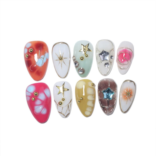10Pcs Short Almond Handmade Press On Nails | Easy Apply & Remove, Reusable Salon Quality Nails | Colorful Y2K Fake Nails with 3D Star, Gold Accents & Rhinestone (RR06, S)