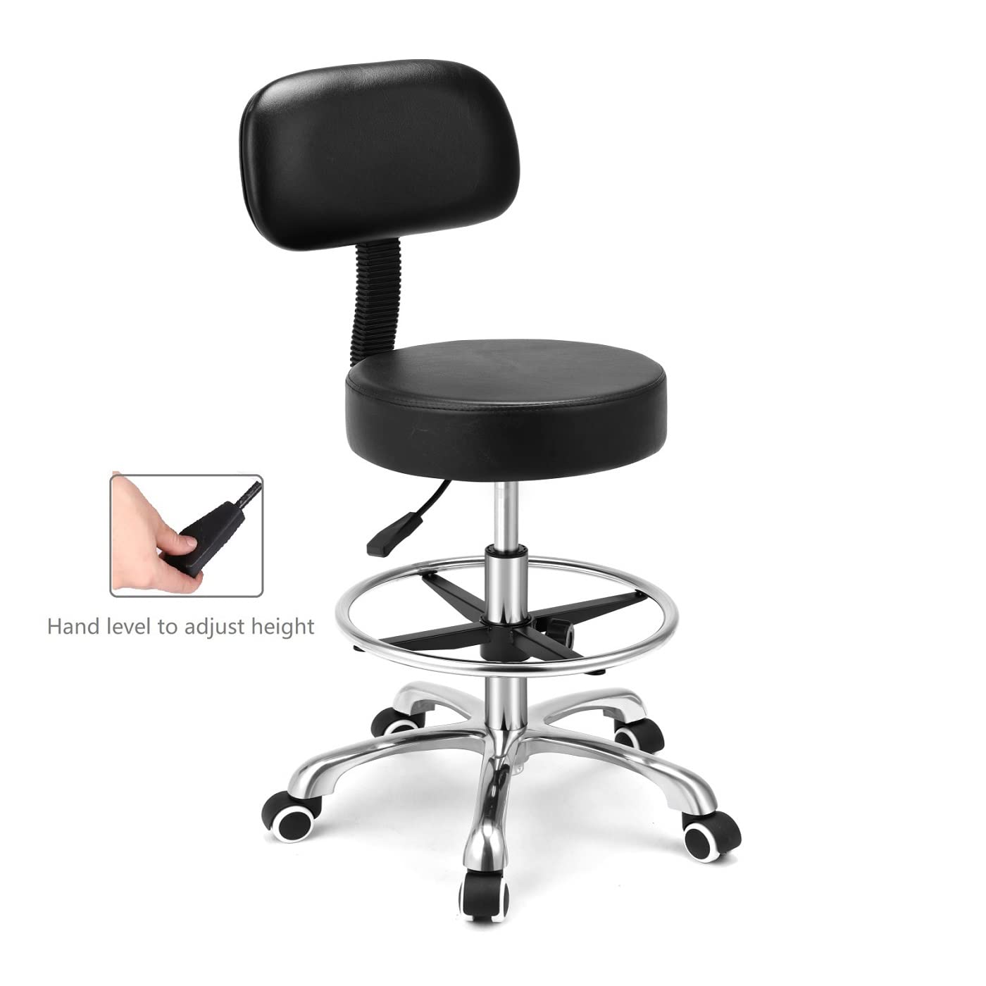 Kaleurrier Rolling Swivel Adjustable Heavy Duty Drafting Stool Chair for Salon Medical Kitchen Lab Clinic Dental Office and Home uses,with Wheels and Back Support (Black with Footrest)