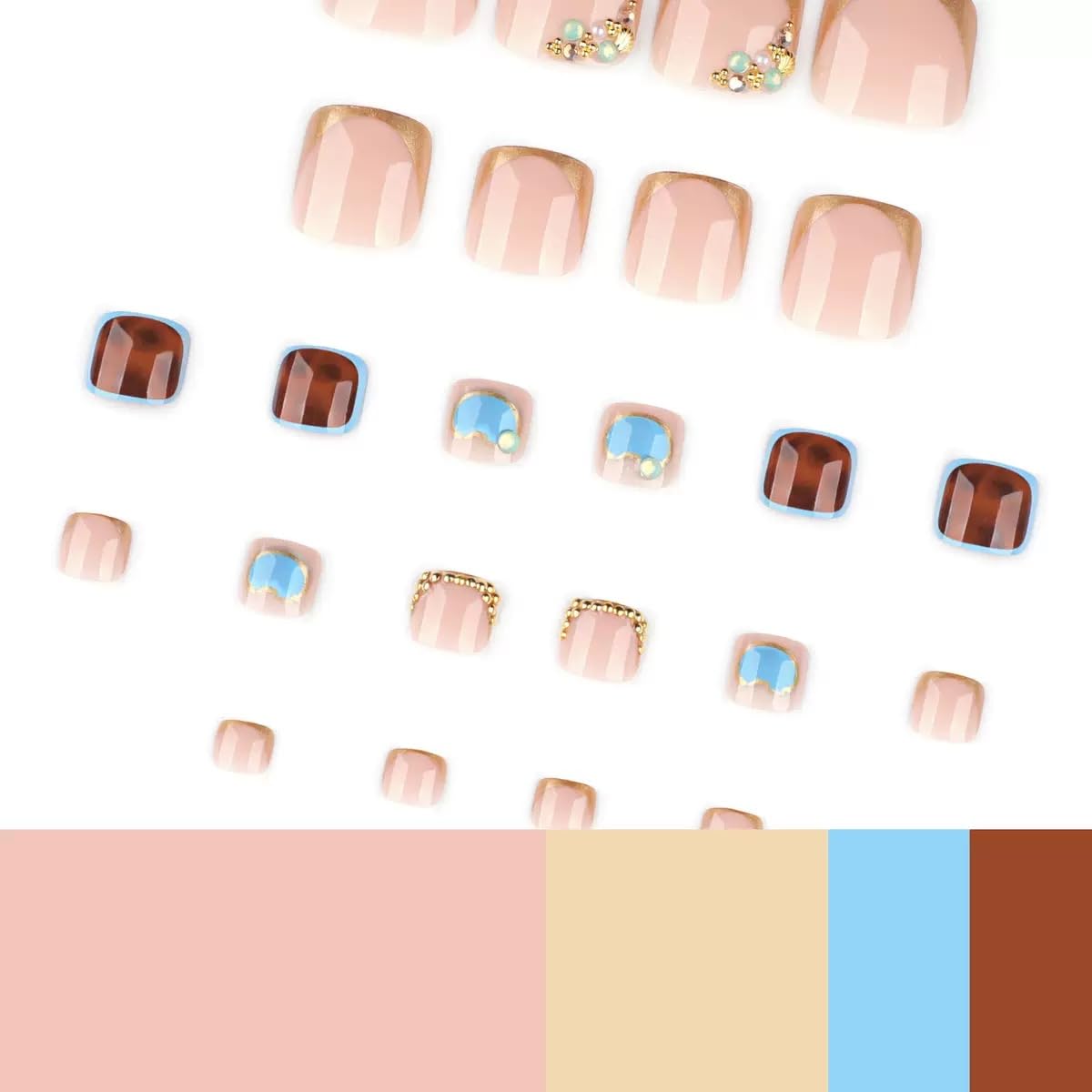 CTTHNBD Press on Toenails - Gold French Tip Fake Toenails with Leopard Print Design - Rhinestone, Summer Press on Toe Nails - for Women 24 Pcs