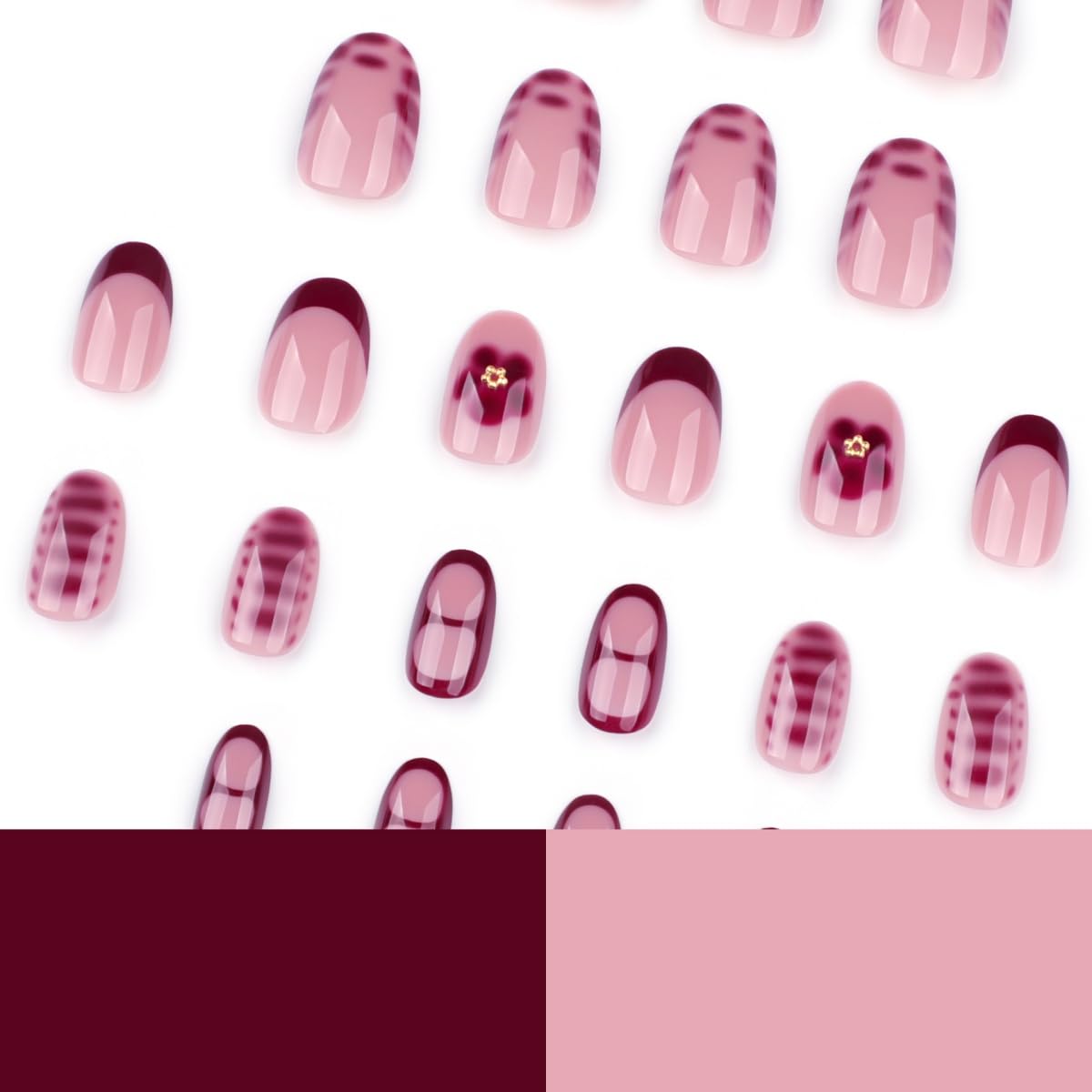 Red French Tip Press On Nails Short Almond Fake Nails with Floral Plaid Pattern Glossy Acrylic Glue On Nails Reusable Nude Burgundy Nail Art for Women