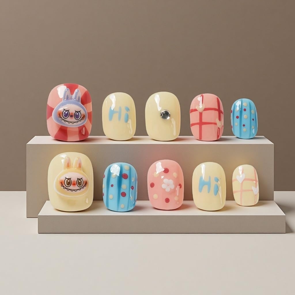 Tesytto Cartoon Press on Nails Extra Short Square - 3D Cute Charms Design, Colorful Mini Figure False Nails for Women and Girls (Cartoon-B,S)