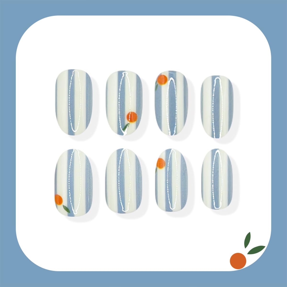 Summer Press on Nails Short Almond Fake Nails Press ons with Orange Design Blue Stripes False Nails CuteReusable Full Cover Stick on Nails for Women 12 Sizes-24 Pcs Nail Kit
