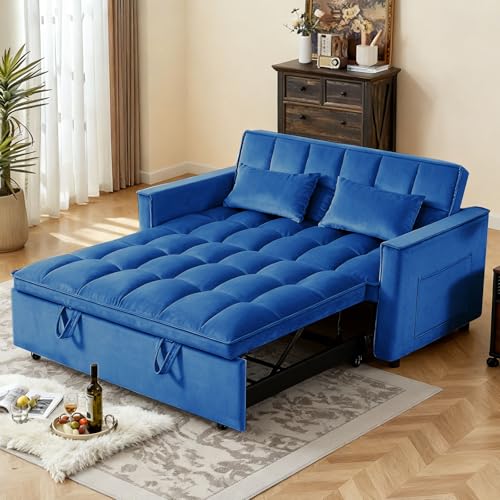 Trygoal Convertible Sofa Bed, Pull Out Couch with Side Pockets, 3 in 1 Velvet Fabric Loveseat Sleeper Sofa Bed, Pull Out Couch with Adjustable Backrest for Living Room, Bedroom, Apartment, Blue