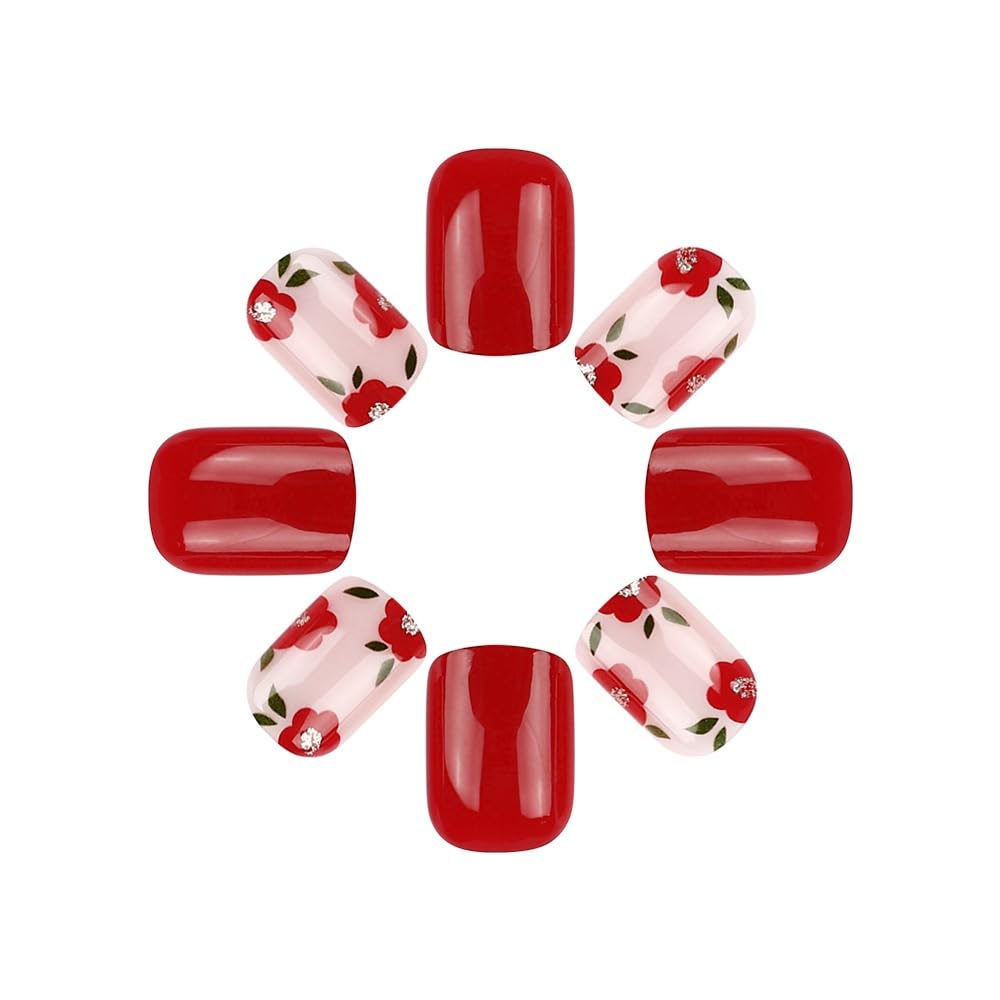 Short Press on Nails Square - Red Fake Nails with Cute Flower Design - Solid Color Full Cover Glossy Stick on Nails for Women - 24 Pcs