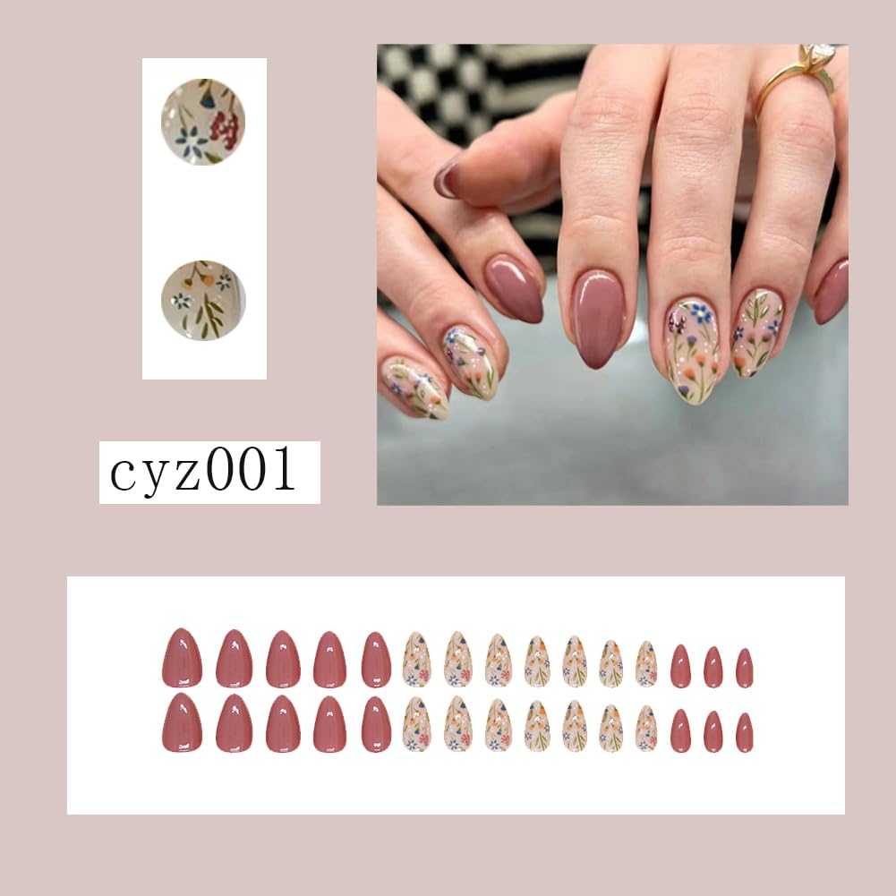 Hiynef 24Pcs Short Almond Press On Nails for Women – Glossy Acrylic Fake Nails with Floral Design, Reusable Full Cover Stick On Nails for Women & Girls