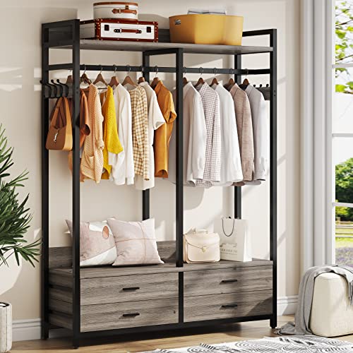 LITTLE TREE Clothes Rack, Heavy Duty Garment Rack with 4 Drawers, 8 Hooks and Storage Shelves, Wardrobe Closet Storage Rack for Bedroom, Living Room, Grey