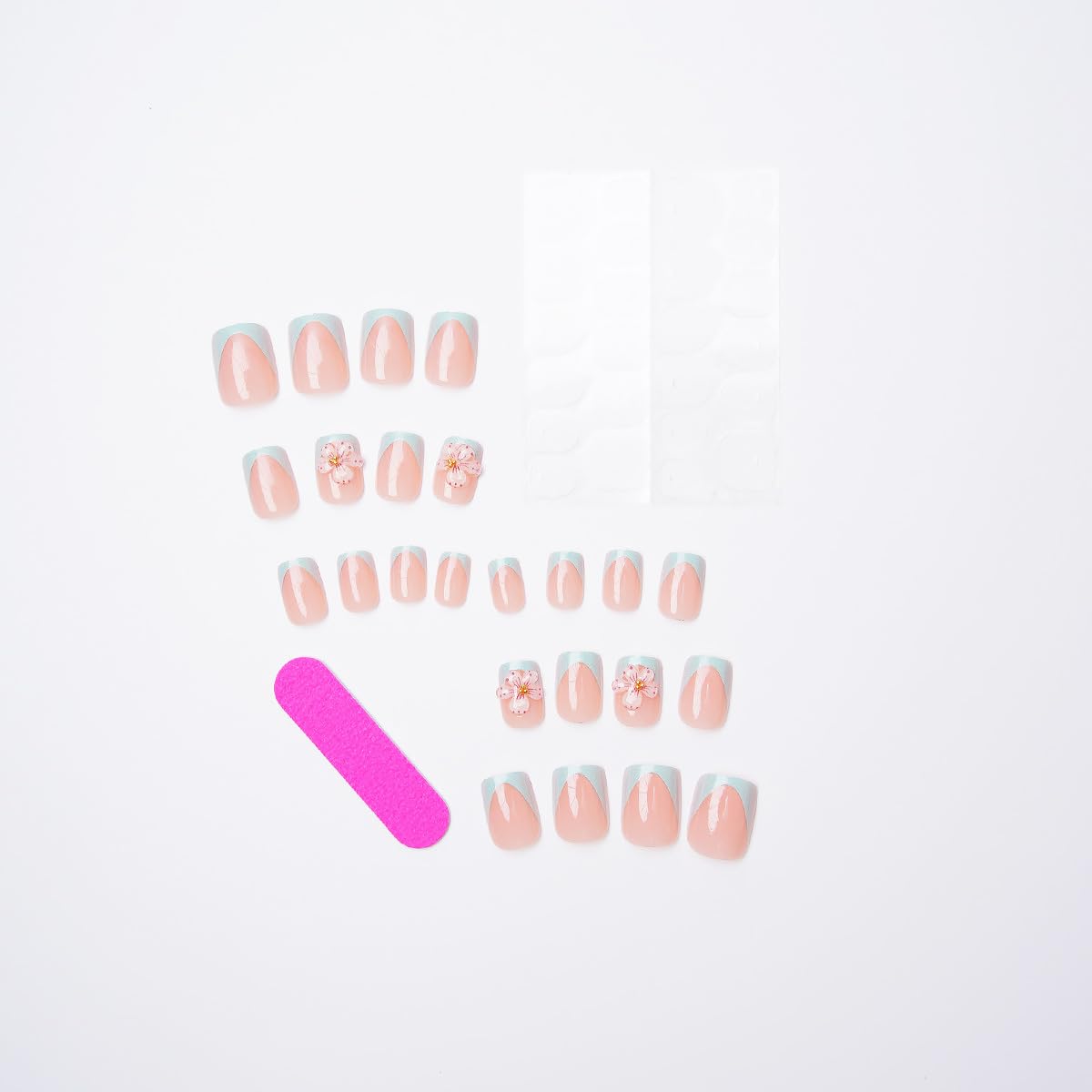 24Pcs Blue French Tip Press on Nails Short Square Fake Nails Pink 3D Flower False Nails with Gold Rhinestones Design Spring Summer Glue on Nail Full Cover Artificial Stick on Nails for Women Manicure