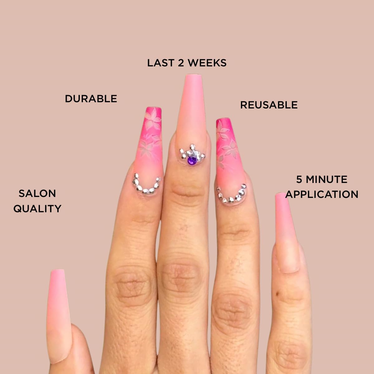 FLOWER BOMB Press-On Nails by Lavaa Beauty | Extra-Long | Purple/Violet/Pink Exotic Flower Nail Design with Gems