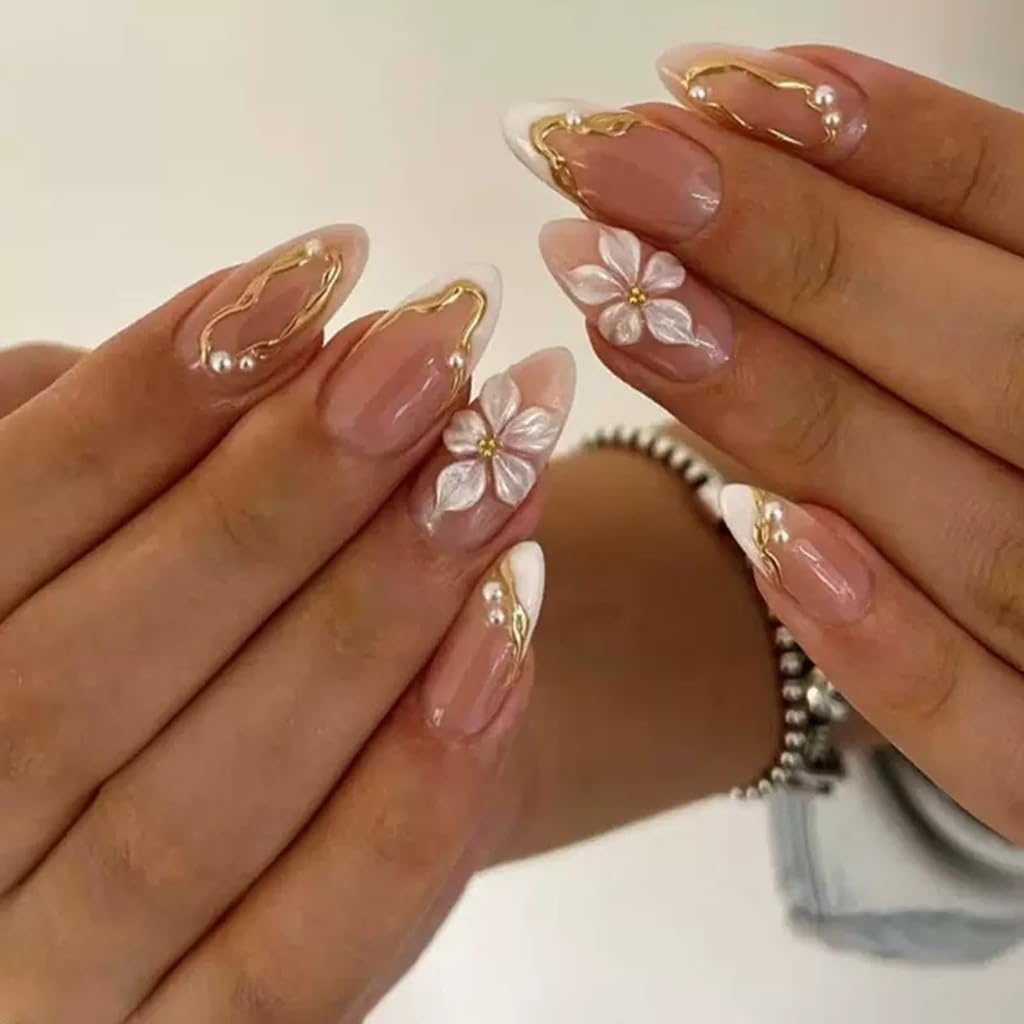 Medium Press on Nails Almond - White French Tip Fake Nails with Flower Design - Gold Stripes False Nails Press ons - for Women 24 Pcs