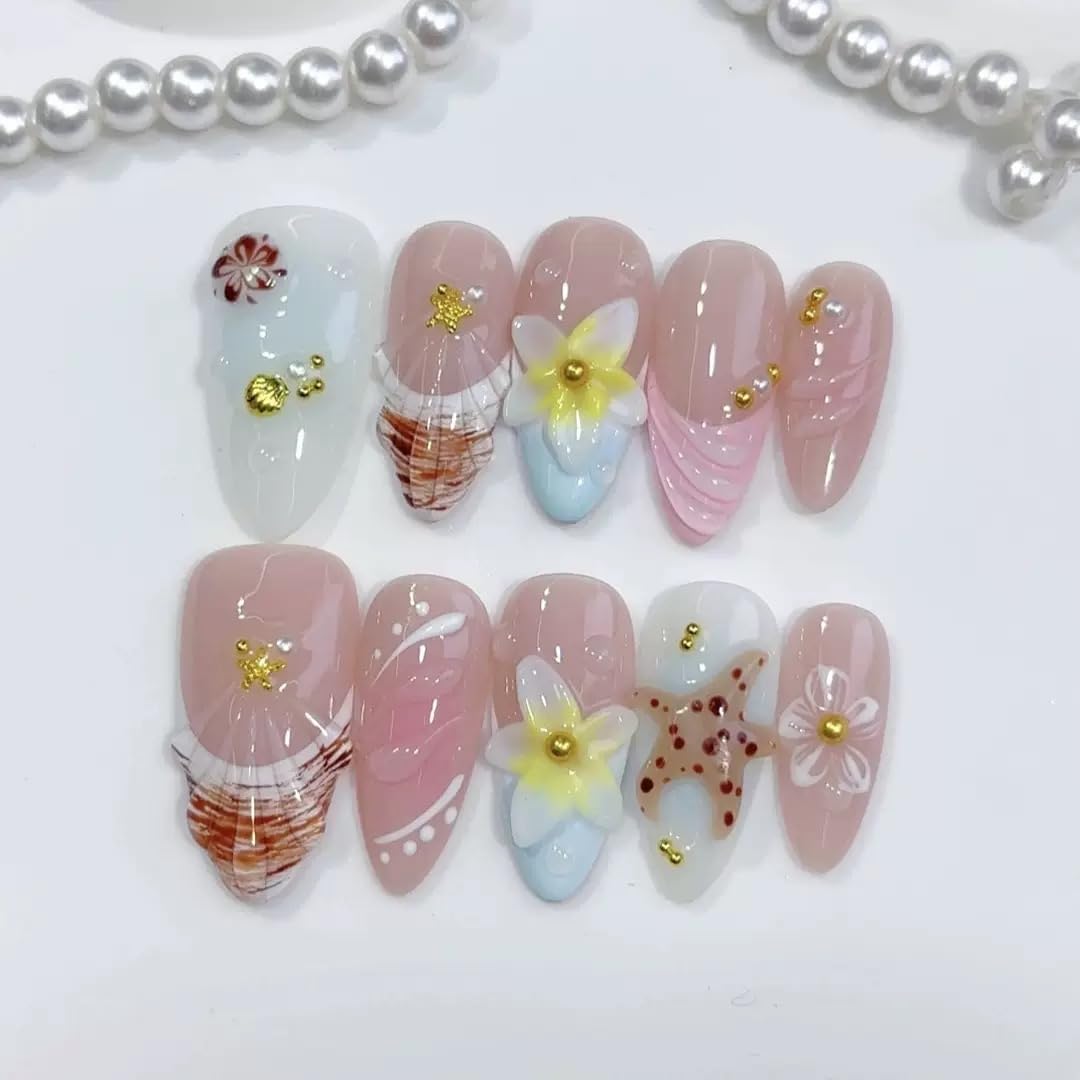 Haozerart Cute Beach Handmade Press On Nails Medium Almond French Fake Nails, with 3D Flower Raised Shell Accents, Reusable Acrylic Nails 10Pcs for Women (M Size)