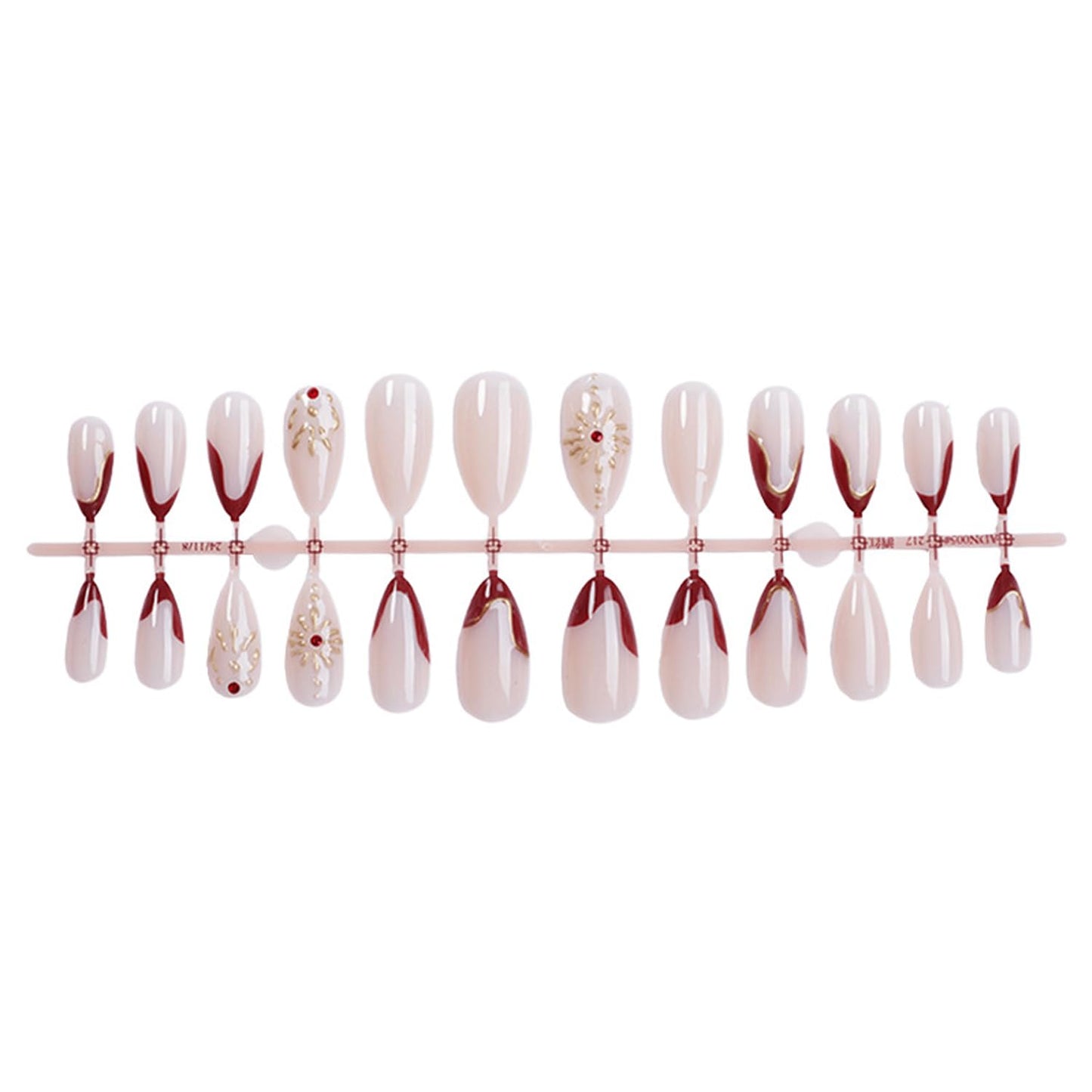3D Gold Irregular Lines Press on Nails Medium Almond Press on Red French Tip Fake Nails Golden Sun False Nails with Shiny Rhinestones Design Artificial Nails Glossy Glue on Nails for Women Nails 24Pcs