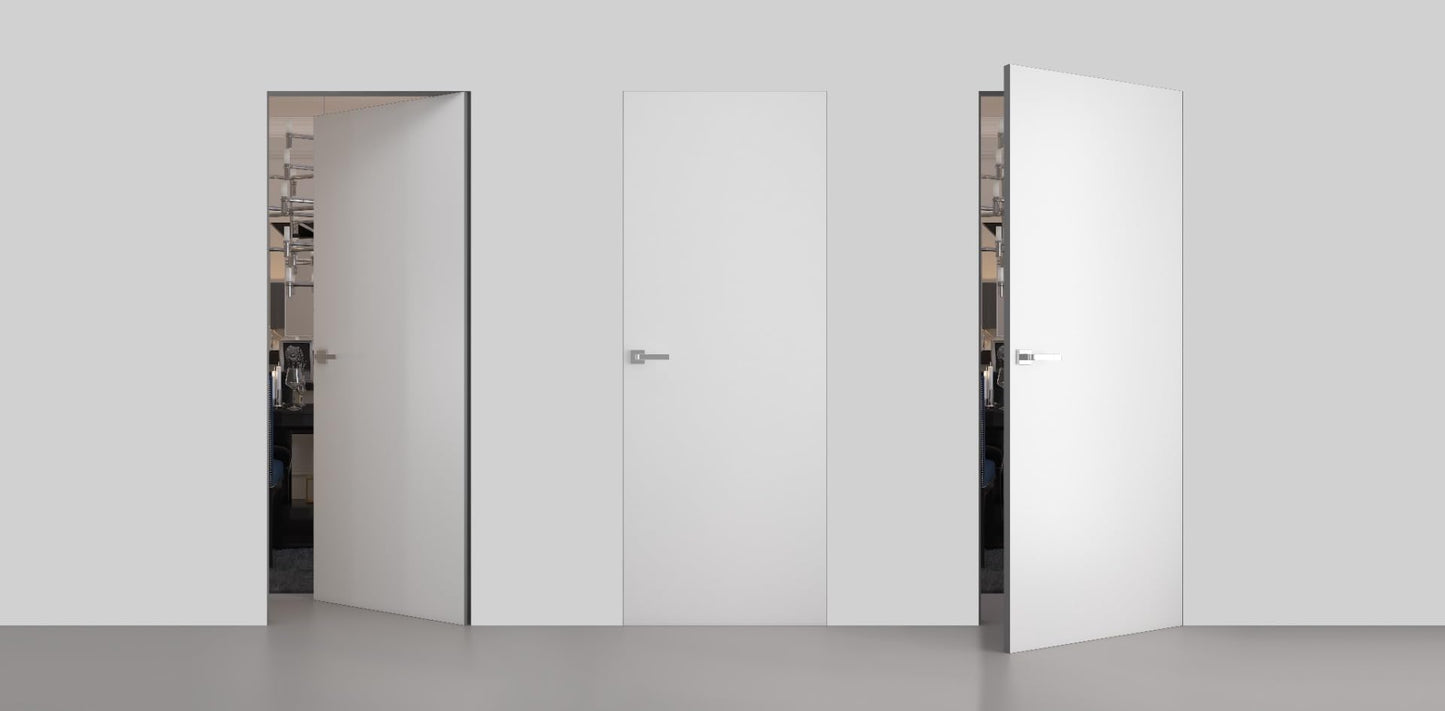 SARTODOORS Interior Invisible Solid Hidden Door with Handle | Planum 0010 Primed with Silver Hidden Frame 30" x 84" Right-Hand Outswing | Concealed Hinges Lock Handle | Modern Wood Frameless Doors