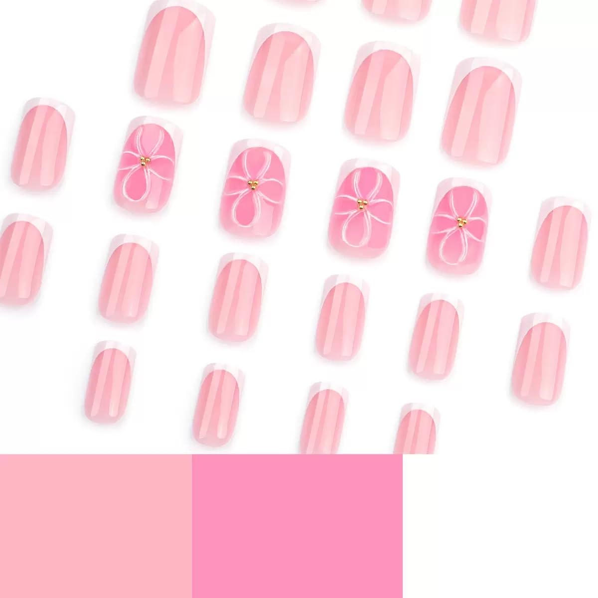 CTTHNBD Square Press on Nails - Short Fake Nails with Flower Design - White French Tip, Spring False Nails for Women - 24 Pcs