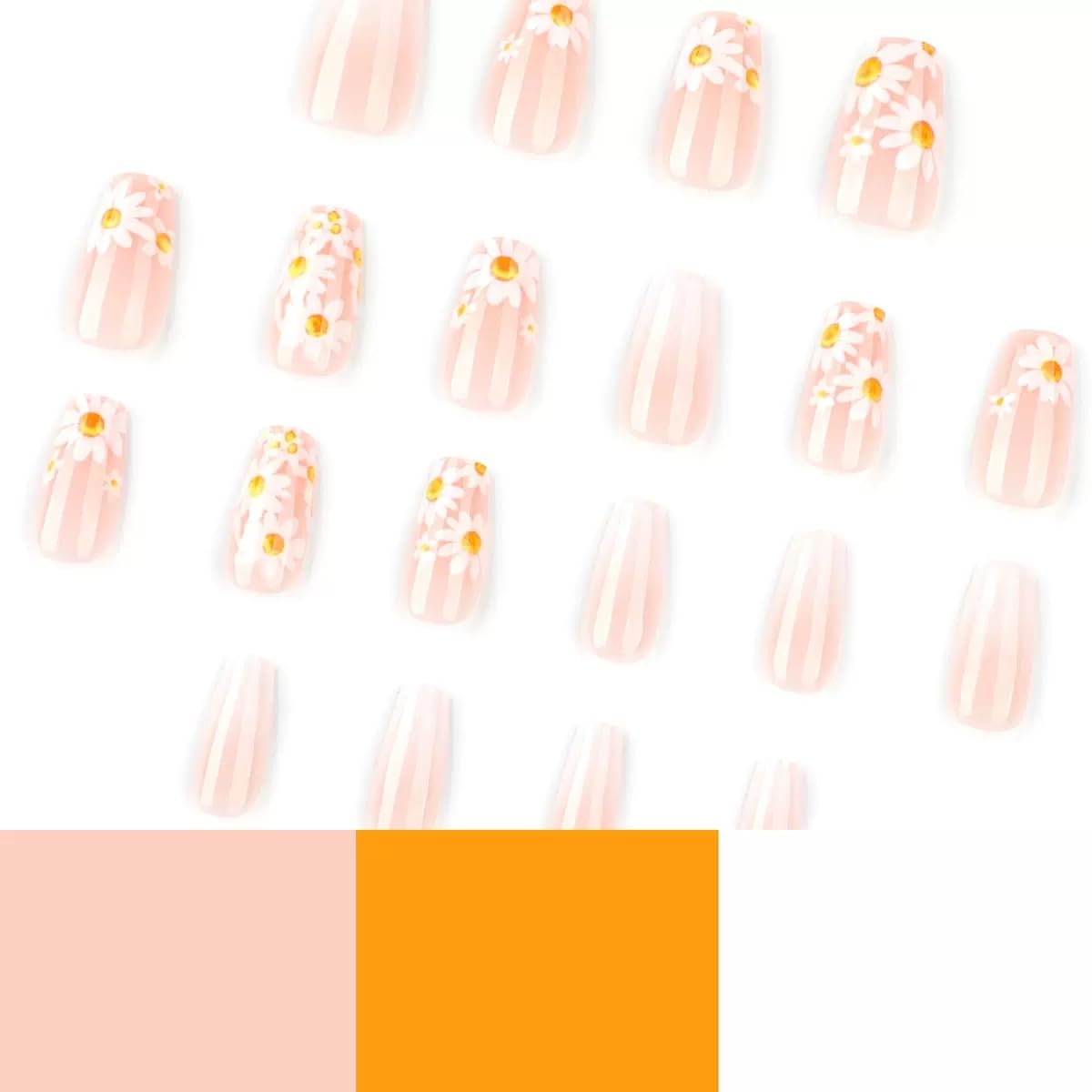 Medium Press on Nails Coffin - Flower Fake Nails with Daisy Design - Summer Full Cover Stick on False Nails - for Women 24 Pcs