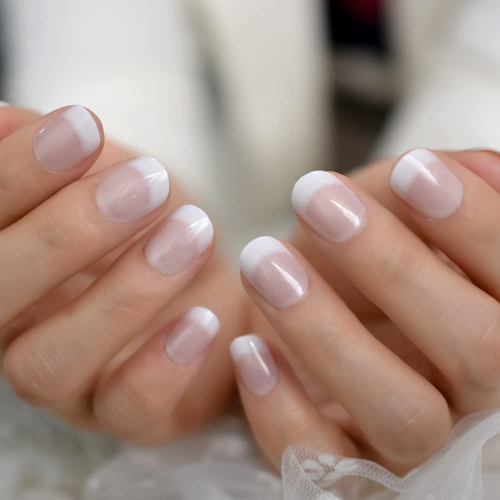 iBeautying Gel Press on Nails - Natural Classic French False Nails | Pink Short Squoval Round Reusable Fake Nails in 10 Sizes - 24 Nail Kit with Jelly Glue Pad