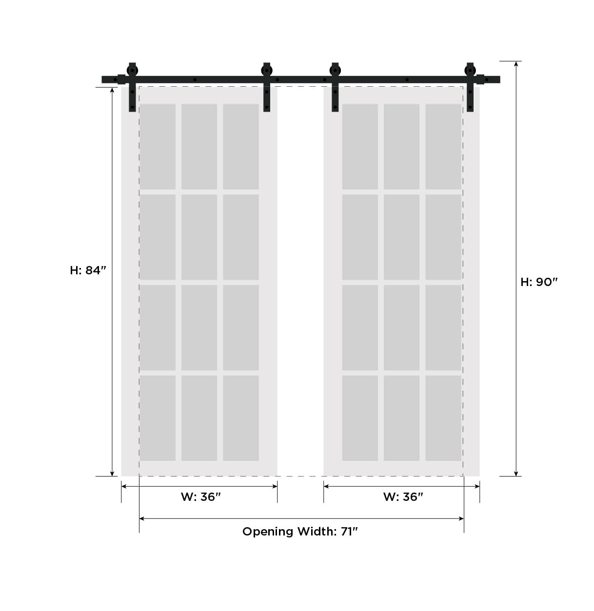 SARTODOORS Quadro 4088 Barn Door 7284 in, Black Matte Frosted Glass Double Sliding Interior Door, Solid MDF Core, 13 FT Black Rail Hardware Included