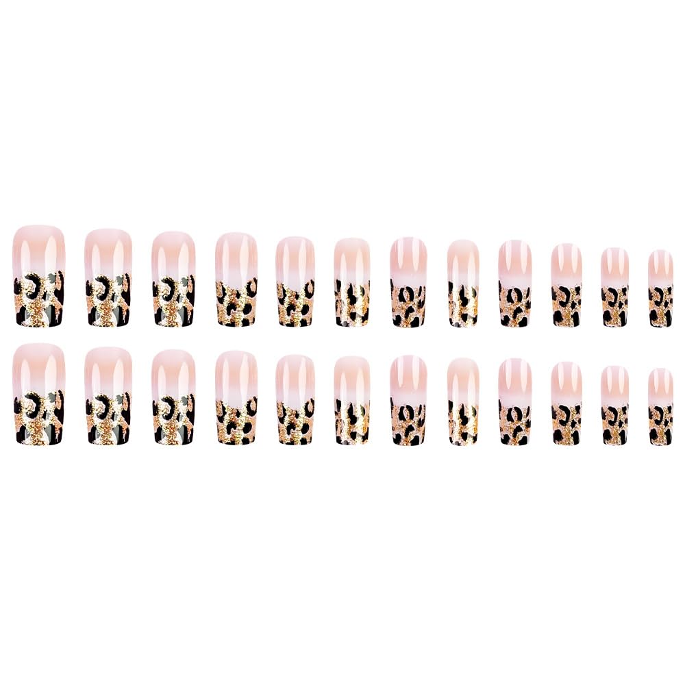 French Tip Leopard Print Press on nails Medium Square with Gradient Design Leopard Print Artificial Fake Nails Full Cover for Women Manicure 24 Pcs